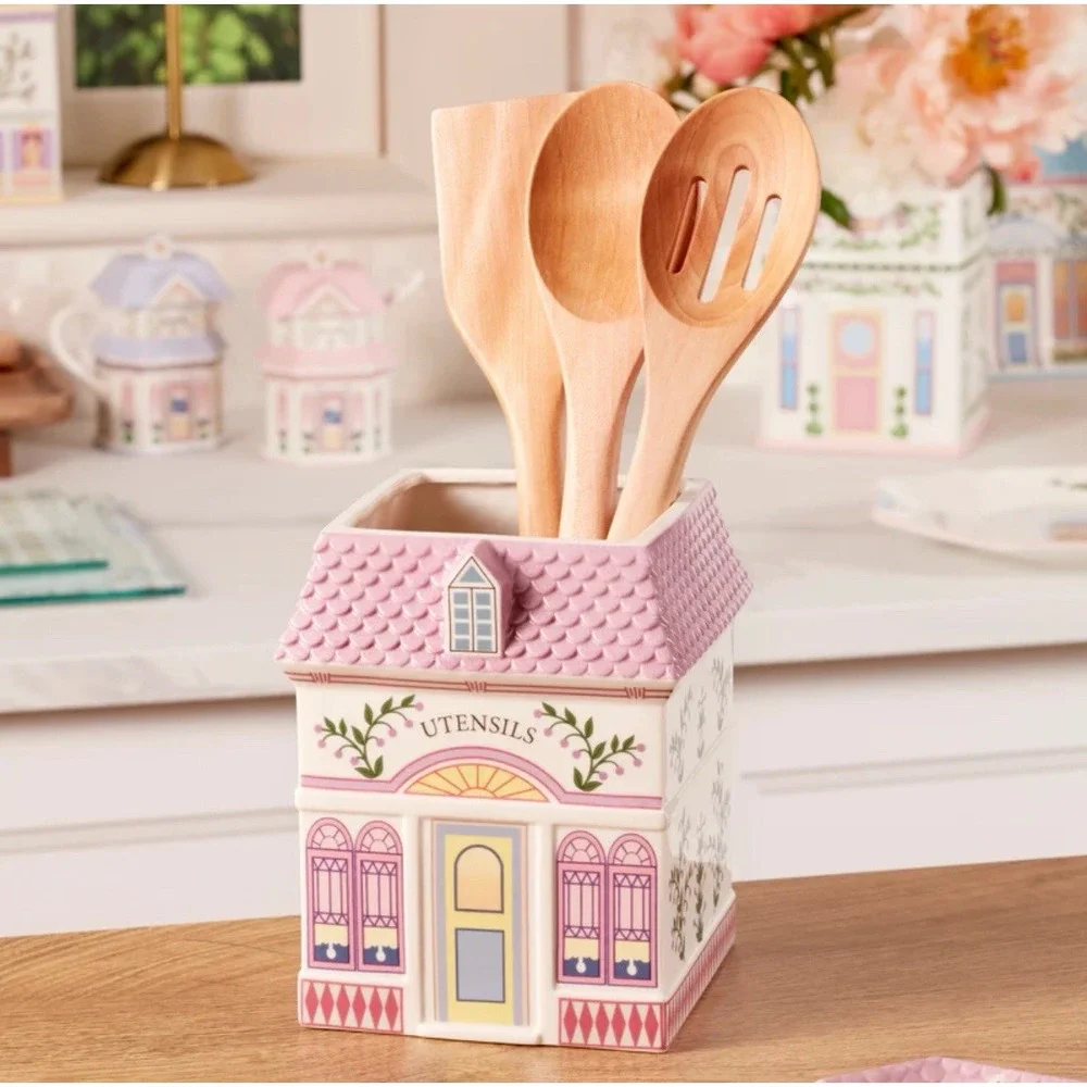 Lenox Spice Village Utensil Holder Porcelain Crock w/Wooden Cooking Spoons NEW